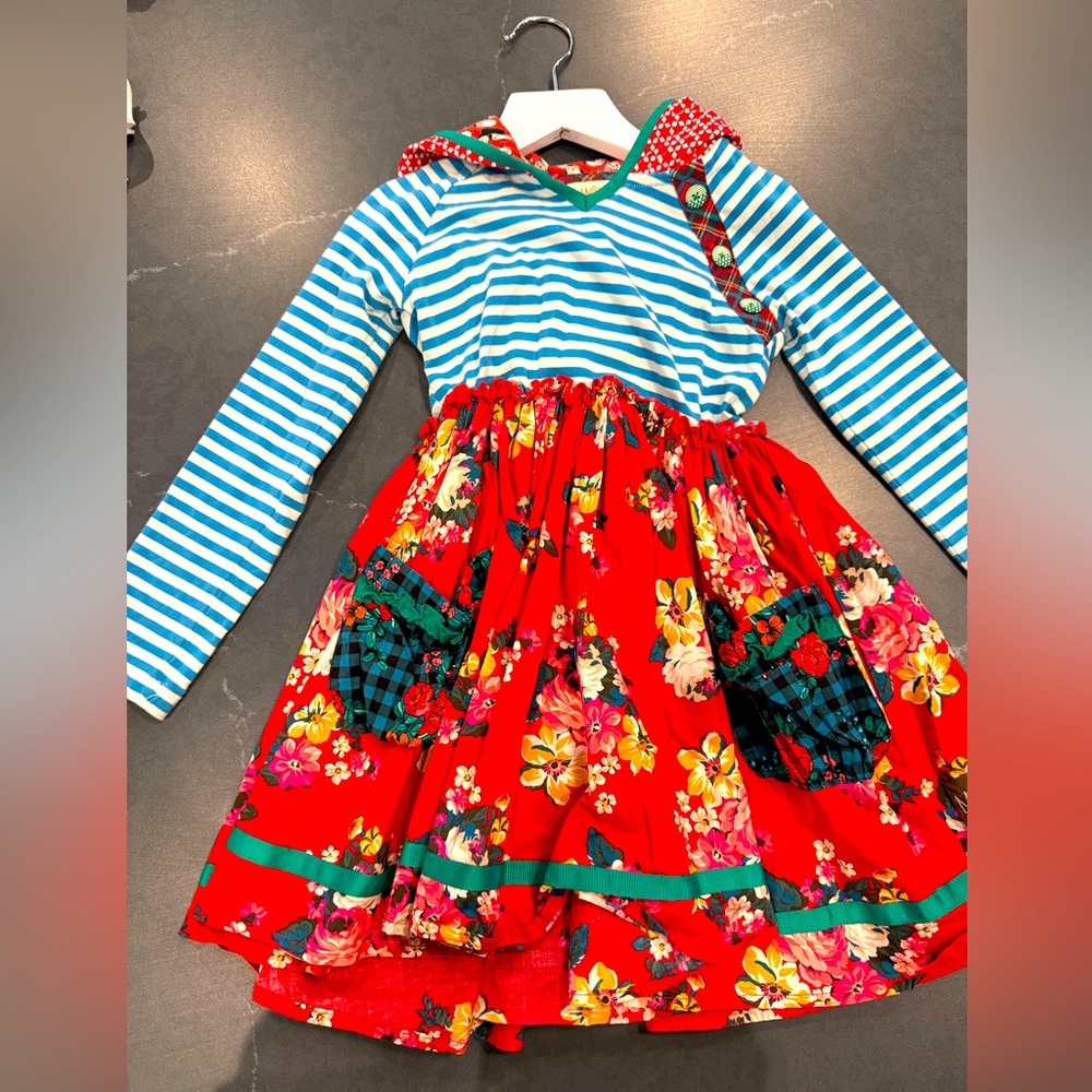 Floral Red and Blue Striped Kids Dress